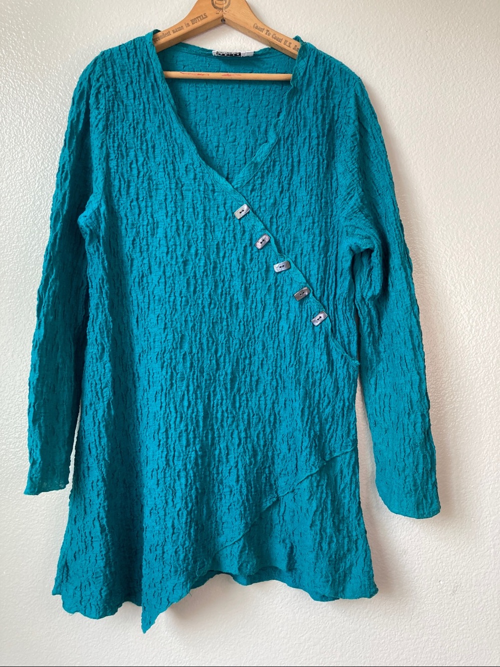Habitat Teal Crinkle Tunic Asymmetric Top Art to wear Lagenlook V neck Boho sz L